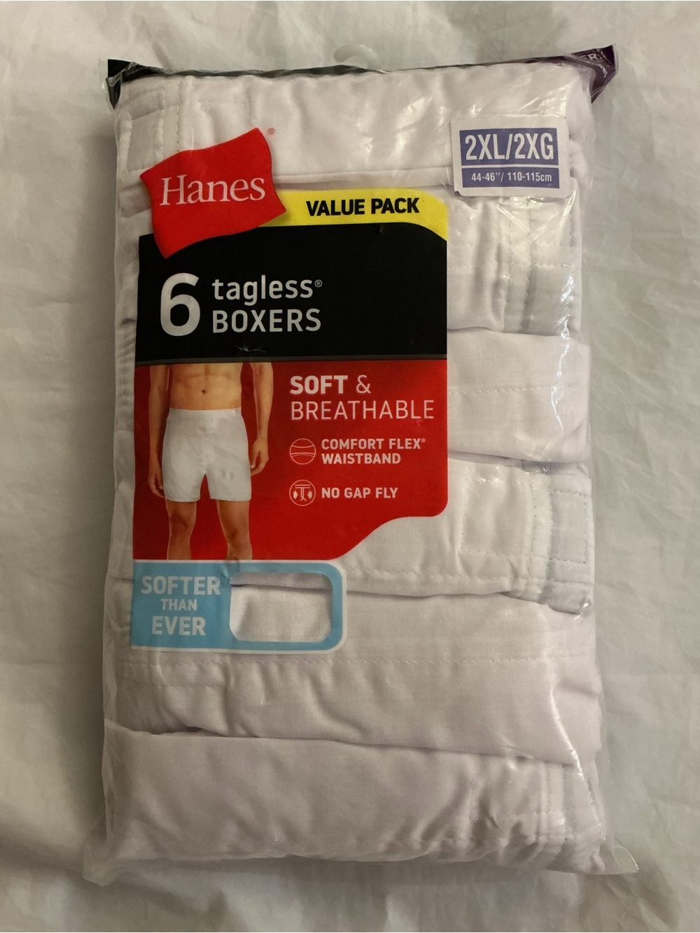 NEW Hanes White 6-Pack Tagless Boxers - 2XL